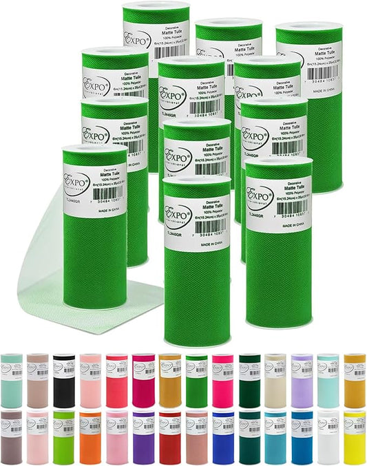 Expo International Decorative Matte Tulle, Lightweight Polyester Tulle Fabric for Tutus, Costumes, and Party Decorations, Washable, Easy-to-Use, 6 Inch x 25 Yards, Green, Pack of 12