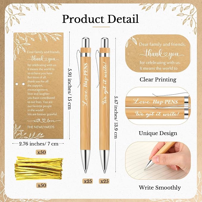 Affrolling 50 Sets Wedding Favors for Guests, Bamboo Pen Set with Thank You Cards, Guest Book & Sign In Table Pen Favors, Bridal Shower Party Favor Pens Bulk