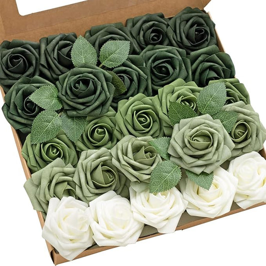 Ling's moment Artificial Flowers, 50Pcs 3" Roses in Emerald Green Shades, Realistic DIY Foam Floral Fill for Wedding Bouquets/Centerpieces, Outdoor Party Backdrops, Room/Table, Garden/Pot Decorations