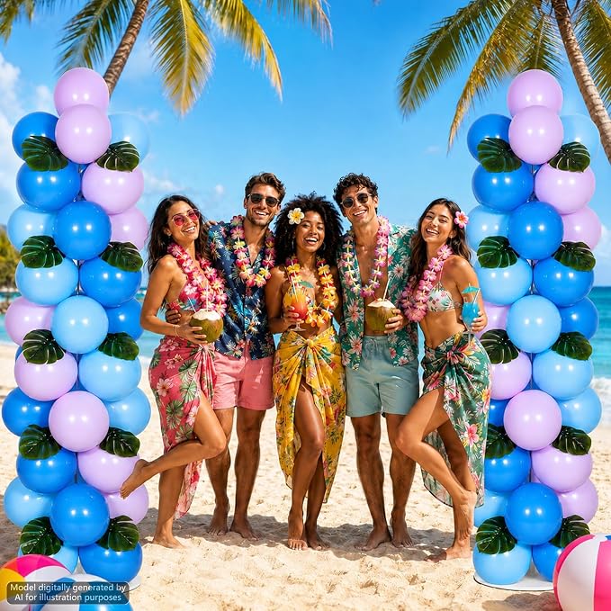 2 Sets Blue Purple Balloon Column Stand Kit with 99 Blue Purple Foil Balloons 10 Palm Leaf 5.57ft Adjustable Balloon Tower Stand with Bases Adjustable Arch Column for Tropical Birthday Party Decor