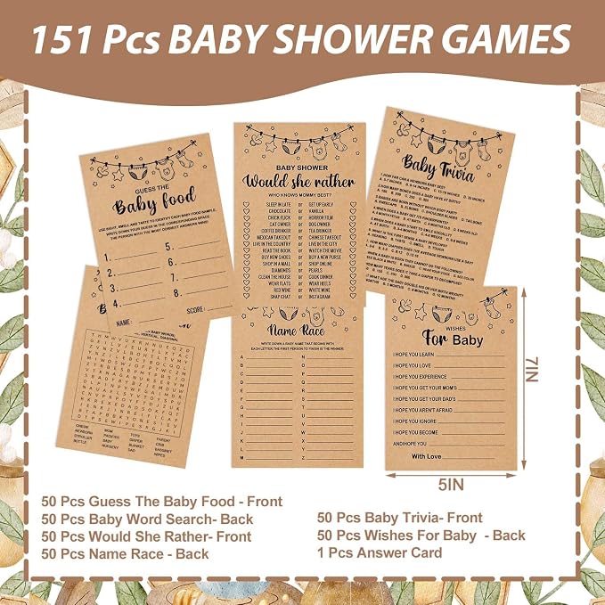 Baby Shower Games Bundle for 50 Guests, Stacking Games, Adults, 150 Game Cards & 1 Answer Card