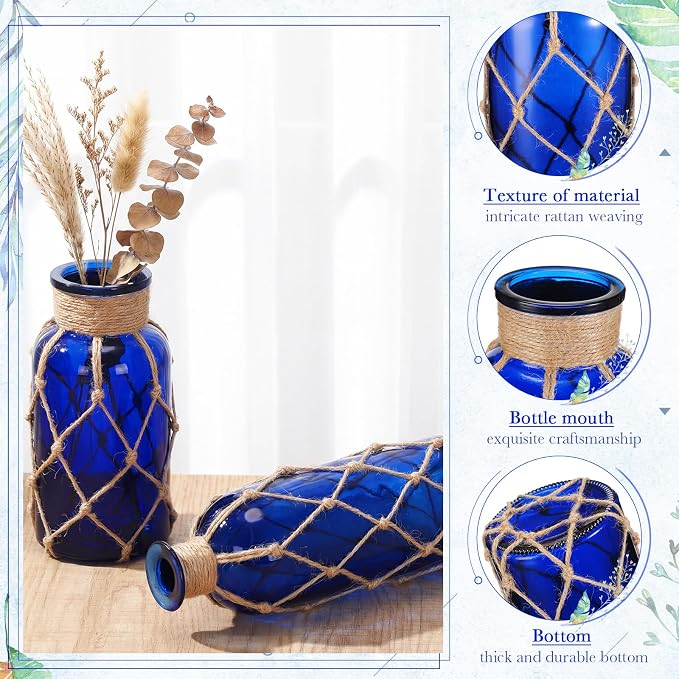 Chuangdi Set of 2 Coastal Glass Vases for Flowers TSITP Flower Vase with Boho Rope Small Sea Glass Jar Nautical Beach Bottle for Wedding Table Centerpieces Floral Arrangement Decor(Deep Sea Blue)