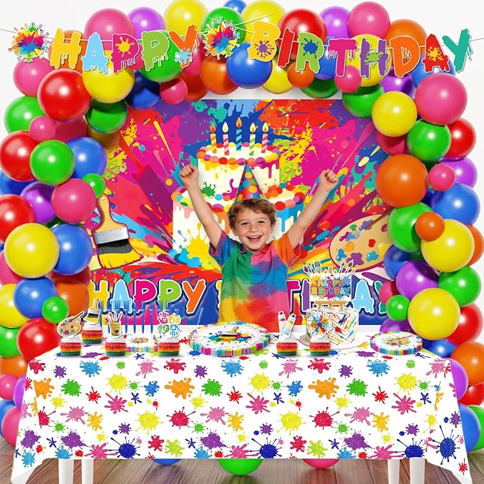 Paint Party Decorations, Art Party Decorations with Balloon Arch Kit, Banner, Backdrop, Tablecloth, Plates, Napkins, Forks, Cake Topper, Cupcake Toppers