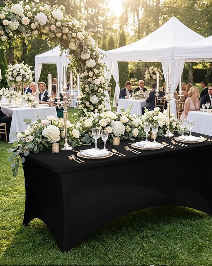Fixwal Black Tablecloths for 8 Foot Rectangle Tables, 4 Pack Spandex Stretch Fitted Table Covers for Party, Trade Show, Banquet, Wedding, Buffet