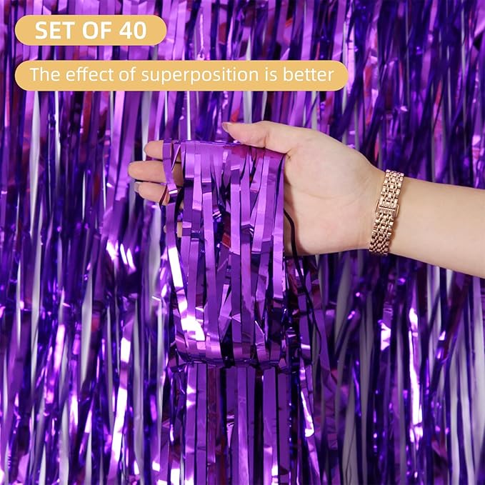 40 Pack Purple Foil Curtain Backdrop Metallic Tinsel Foil Fringe Curtains Photo Booth Props for Birthday Party Decoration Christmas Holiday Halloween New Year Party Supply, Purple
