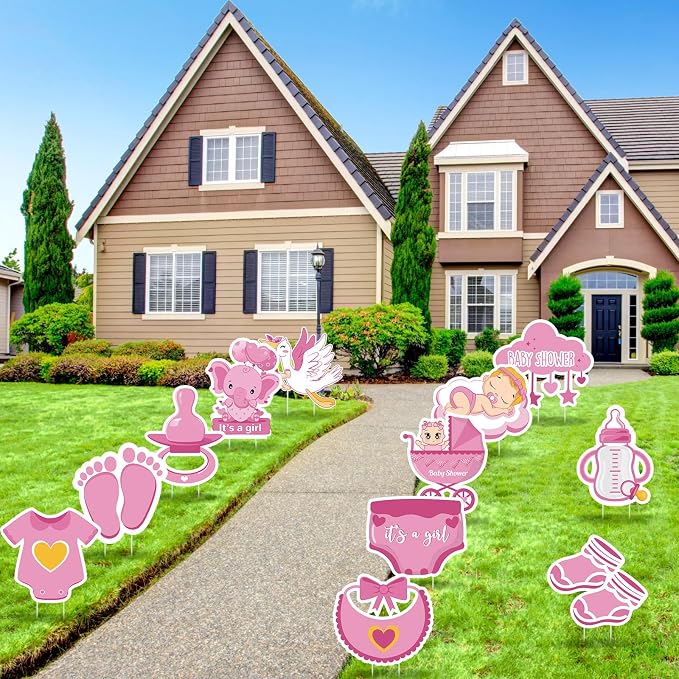 12 Pcs Baby Shower Yard Sign with Stake Gender Reveal Yard Sign Pink Stork Elephant Lawn Decoration Its a Girl Lawn Decor Welcome Baby Girl Announcement Decor for Outdoor Gender Reveal Party