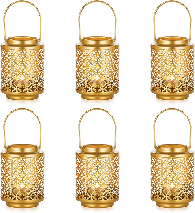 NUPTIO Gold Lanterns for Wedding Centerpieces: 6 Pcs 4.1inch Hanging Metal Tealight Holders Bulk Decorative Mini Tea Lights Indoor Candle Lantern for Thanksgiving Diwali Ramadan Decor (Style 1)