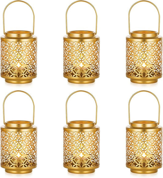 NUPTIO Gold Lanterns for Wedding Centerpieces: 6 Pcs 4.1inch Hanging Metal Tealight Holders Bulk Decorative Mini Tea Lights Indoor Candle Lantern for Thanksgiving Diwali Ramadan Decor (Style 1)