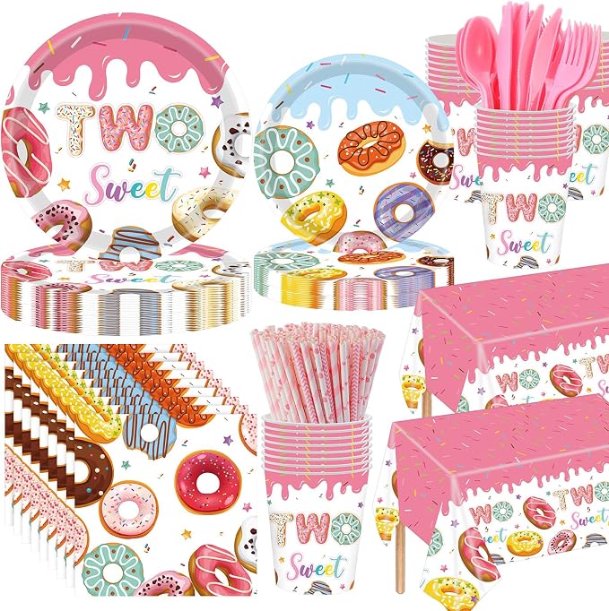 Funnymoom 452 Pcs Donut Two Sweet Birthday Decorations Girls for 50 Guests, Pink Donut Themed Paper Plates Cups Napkins Tablecloth Cutlery Straws for Girl 2nd Birthday Party Supplies