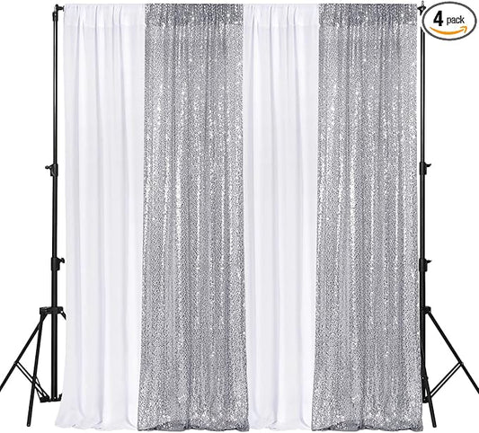 VitalCozy 4 Panels Backdrop Curtains 2 Pcs 4 x 10 ft Sequin Glitter 2 Pcs 7 x 10 ft Chiffon Photo Background Curtains for Graduation Wedding Birthday Party Decorations(White, Silver)