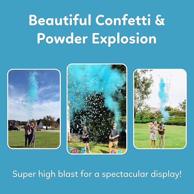 24” X-large Gender Reveal Confetti & Powder Smoke Cannon | 2 Blue Poppers | Biodegradable | Alternative to Gender Reveal Smoke Bombs Extinguisher | Baby Gender Reveal Decorations | TUR Party Supplies