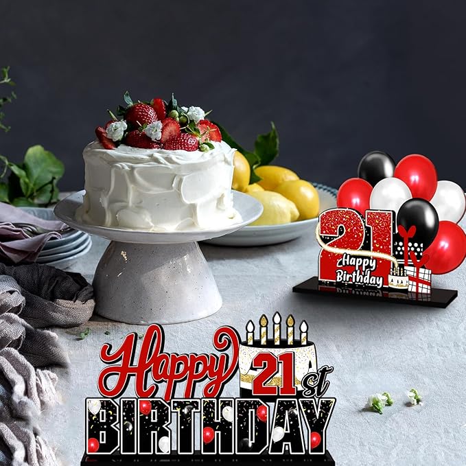 LINGTEER Happy 21st Birthday Red Acrylic Table Topper Centerpieces Set - Cheers to 21 Years Old Birthday 21st Bday Party Gift Decorations.