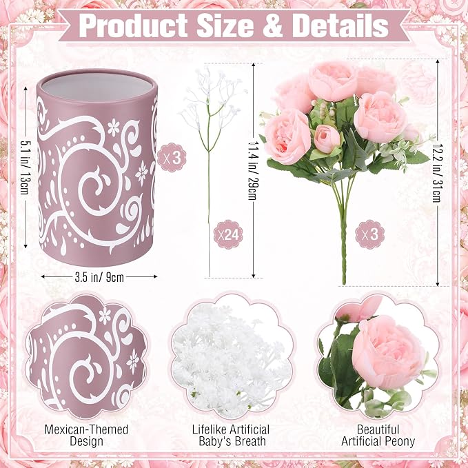 Mumufy 30 Pcs Pink Fiesta Table Centerpieces with Cardboard Paper Vases and Artificial Flowers, Cielito Lindo Mexican Baby Shower Decorations for Girl Birthday, Wedding, Taco Party and Cinco De Mayo