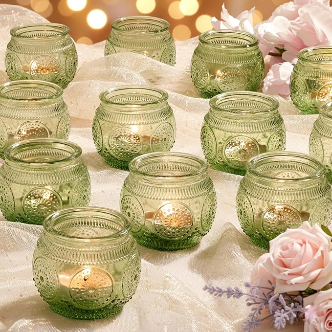 12 Pcs Green Candle Holder-Floral Style Vintage Candle Holders for Wedding Table Centerpieces, Bridal Shower Decor, Rustic Wedding Decor, Tea Party