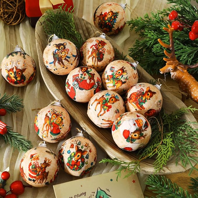 Outus 16 Pcs Christmas Tree Ball Ornaments Vintage Christmas Reindeer Decorations for Tree Colorful Xmas Decorative Hanging Ornaments for Farmhouse Home Fireplace Decoration Holiday Party Favors