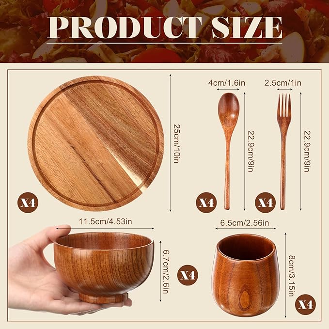 20 Pcs Acacia Wood Dinnerware Set 10 Inch Round Wooden Plates Bowls Tea Cups Fork Spoons Acacia Wood Tableware Supplies Easy Cleaning Lightweight for Dishes Snack Dessert, 4 Set