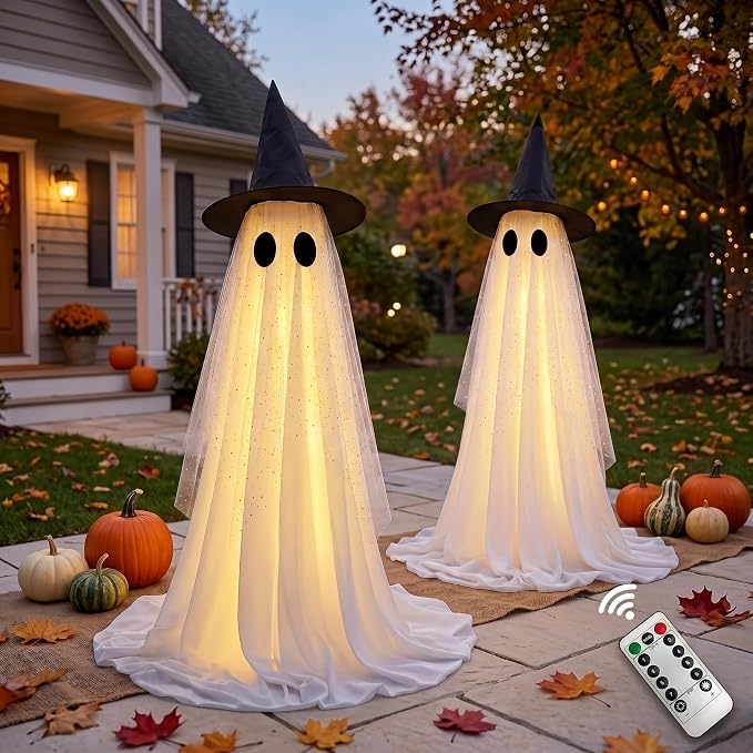 Halloween Decorations Outdoor, Spooky Ghost Halloween Decor with Witch Hat | Set of 2, Adjustable Height,Remote Control & Timer,Unique Ghost & Witch Fusion Design, Sparkling Sheer Tulle and White Fabric