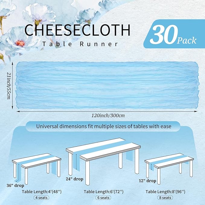 30 Pack Cheesecloth Table Runner 10FT Baby Blue Table Runner Light Blue Boho Gauze Cheese Cloth Table Runners Long Rustic Sheer Table Decorations for Wedding Party Baby Bridal Shower Birthday Holiday