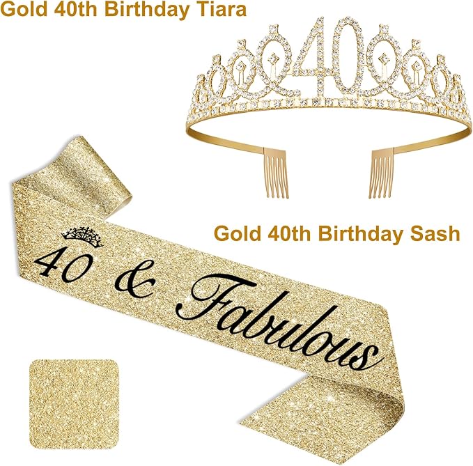 40th Birthday Gifts Women with 12oz Tumbler/Mug for Wine or Coffee, Birthday Crown, Sash, Cake Topper and Candles, 40 Year Old Decorations Gifts Idea Gold White