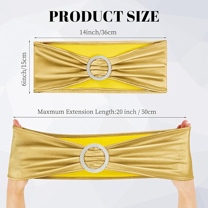 100 PCS Spandex Chair Sashes Bows Premium Stretch Chair Cover Band with Buckle Slider Universal Elastic Chair Ties for Wedding Party Ceremony Events Reception Banquet Decoration (Metallic Gold)