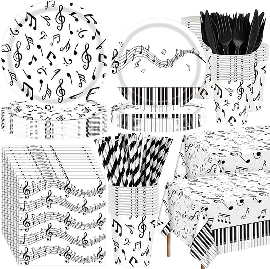 Potchen 452 Pcs Party Supplies Serve 50 Guests, Paper Plates Napkins Cups Cutlery Plastic Tablecloth Dinnerware for Birthday Wedding Party Decoration (White Black, Music Notes)