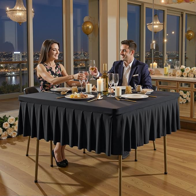Shillance 48x48 Inch Black Spandex Square Tablecloth 2 Pack,Wrinkle Free Black Fitted Table Cloth for Square Tables,Washable Pleated Table Cover for Wedding Birthday Cocktail Party Buffet Dinner