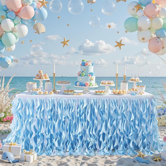 Wish Care 14ft Light Blue Sequin Table Skirt for Rectangle Tables Glitter Curly Willow Tutu Skirt Ruffle Table Cloth Desk Skirts for Birthday Baby Shower Ocean Baby Shark Party Cake Table Decorations