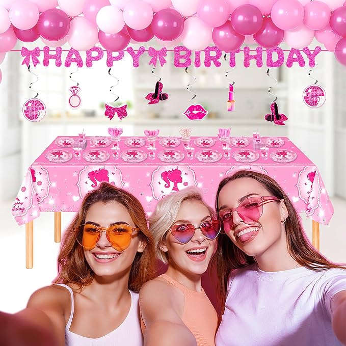 Pink Girls Birthday Party Decorations & Tableware Set | 257Pcs Serves 24 Guests, Includes Plates Cups Napkins Utensils Straws Tablecloth Cake Toppers Banner Hanging Swirls & Balloons (Pink Girls)