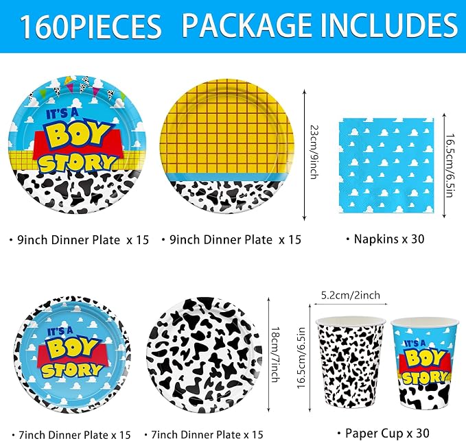 120pcs Toy Baby Shower Decorations Plates Napkins It's Boy Paper Cup Disposable Tableware Set Cartoon Baby Shower Party Kids For 30 Guests