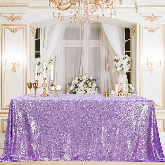 B-COOL Sequin Tablecloth Rectangle Tablecloths Lavender Shiny Table Skirt Sweet Birthday Cake Events Table Linens-90x156inches