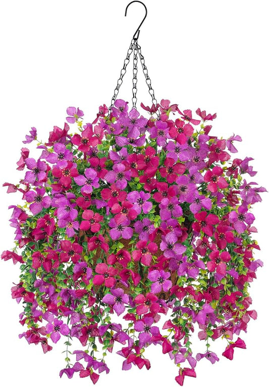 INXUGAO Artificial Hanging Flowers Plants with Basket for Outdoors, Realistic Faux Silk Daisy Flower Eucalyptus for Spring Decor, UV Resistant Fake Plants for Porch Patio Yard Balcony, Purple Violet