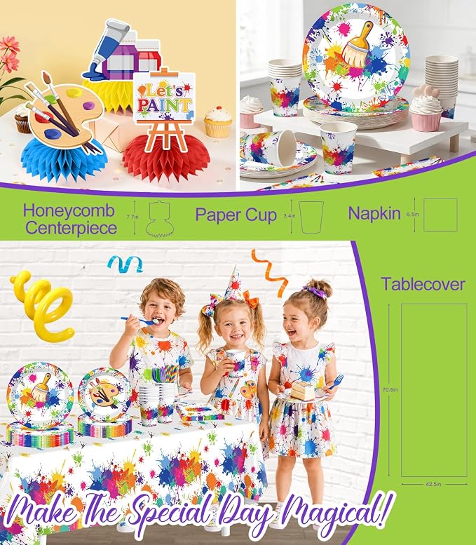 285PCS Paint Party Decorations, All-in-One Art Birthday Party Decorations with Balloon Garland, Backdrop, Tableware, Banner, Tablecovers, Cake Toppers, Serves 25