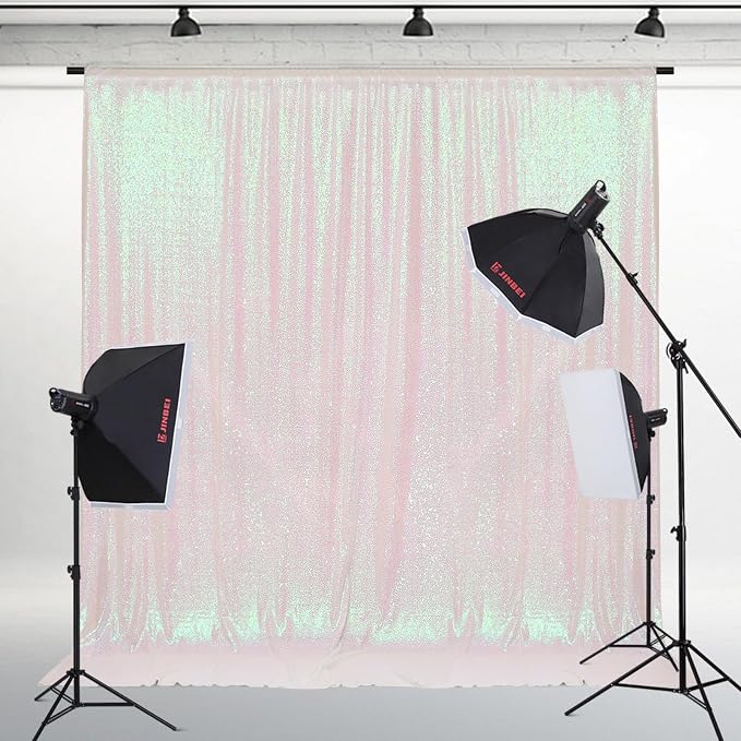 PartyDelight Iridescent White Sequin Backdrop 8x8ft 4 Inch Rod Pocket | Iridescent white 3mm sequins show pink and purple tones under light on mesh backing for photos arches stages and party walls