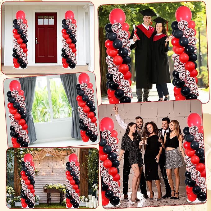 2 Sets Red and Black Balloon Column Stand Kit with 100 Balloons Adjustable Balloon Tower Stand with Bases for Floor Confetti Balloons Column Kit for Graduation Birthday Appreciation Party Decor