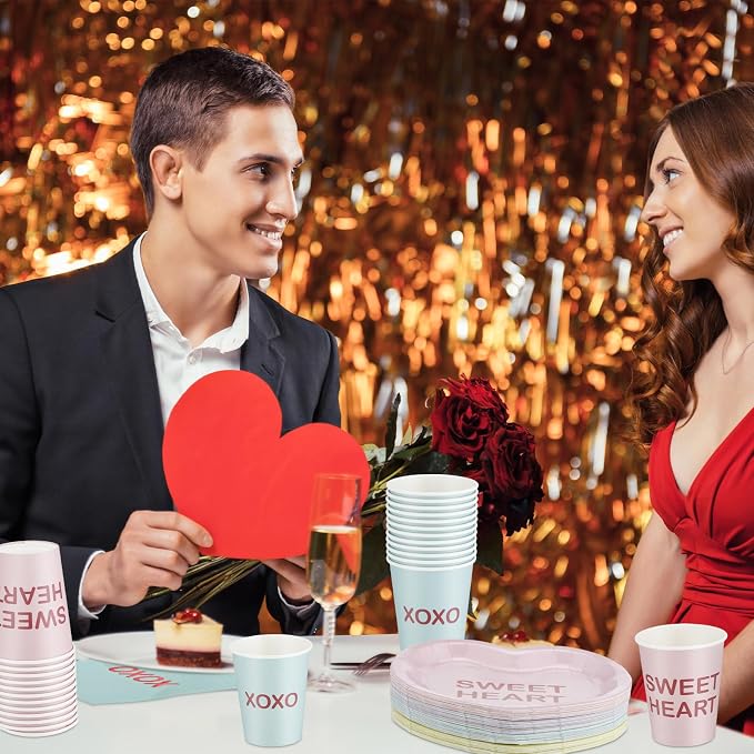 Maxcheck 196 Pcs Conversation Heart Party Supplies Valentine's Day Party Tableware Decorations Heart Disposable Paper Plates Napkins Cups for Valentine Anniversary Birthday Wedding, Serves 48(Pastel)