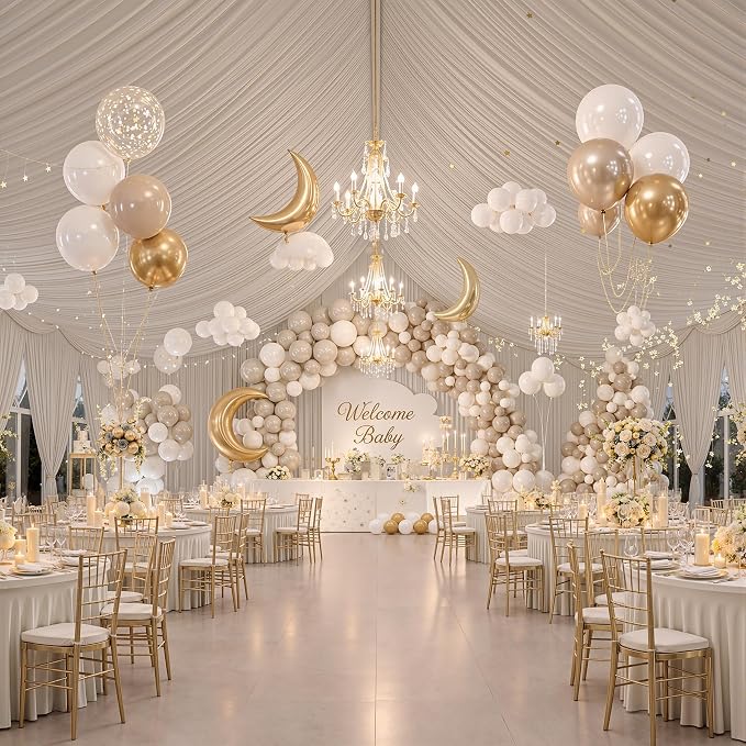 10 Panels 5x40ft Beige Ceiling Drapes for Wedding Parties, Wrinkle Free Thick Polyester 40ft Extra Long Wedding Draping Beige Ceiling Curtains Arch Drapery for Birthday Party Canopy Tent Decor
