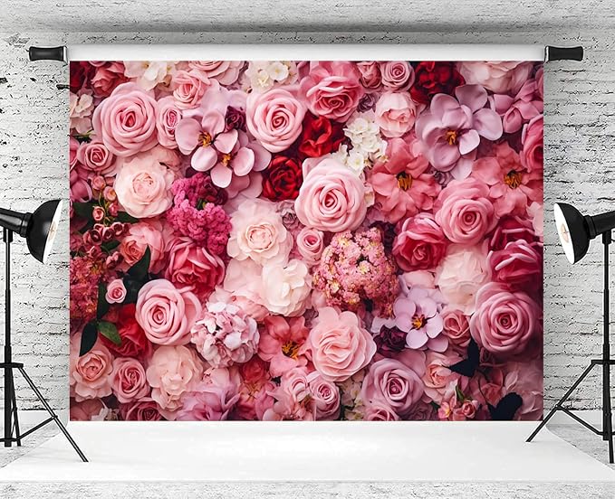 9x6ft Flower Backdrop Pink Red Rose Flowers Floral Wall Photography Background Birthday Baby Shower Wedding Party Banner Decorations Supplies Photo Booth Props