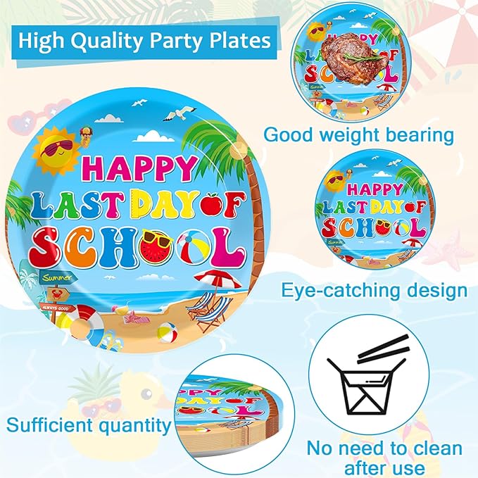 96 Pcs Happy Last Day of School Paper Party Plates and Napkins for Hello Summer Vacation Supplies Summer End of School Year Theme Dessert Tableware Set for 24 Guests Birthday Party Decorations