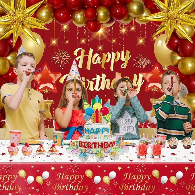 Red and Gold Birthday Decorations for Women Men Girls Boys, 72pcs Red and Gold Party Decorations Happy Birthday Backdrop Burgundy Confetti Star Balloon Arch Table Cloth Party Supplies