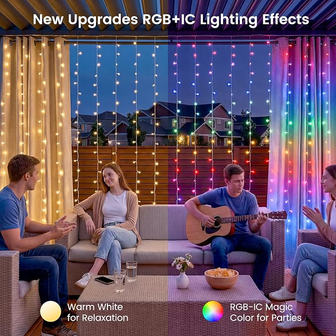 HEYFUNi Smart RGB-IC Curtain Lights Plug in App Control, 8.2x6.6ft 280 LED | Waterfall Lights with Music Sync, Warm White & Color Changing Curtain Lights with 2.4G Remote, DIY Modes for Bedroom Party