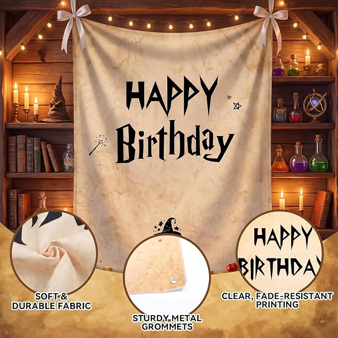 Oudain 29 x 39 Inch Magic Wizard Happy Birthday Banner, Vintage Burlap Birthday Backdrop Party Decorations, Rustic Boho Photo Props Sign with Hanging String for Halloween Wizard Magical Party Supplies