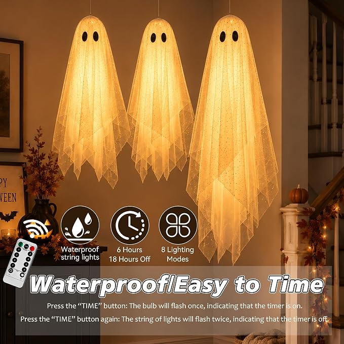 AYGXU Halloween Decorations outdoor/indoor-3pcs Hanging Ghost Decor with Light,Halloween Ornaments,Hallowee n Decor for Tree,Yard,Window,Garden