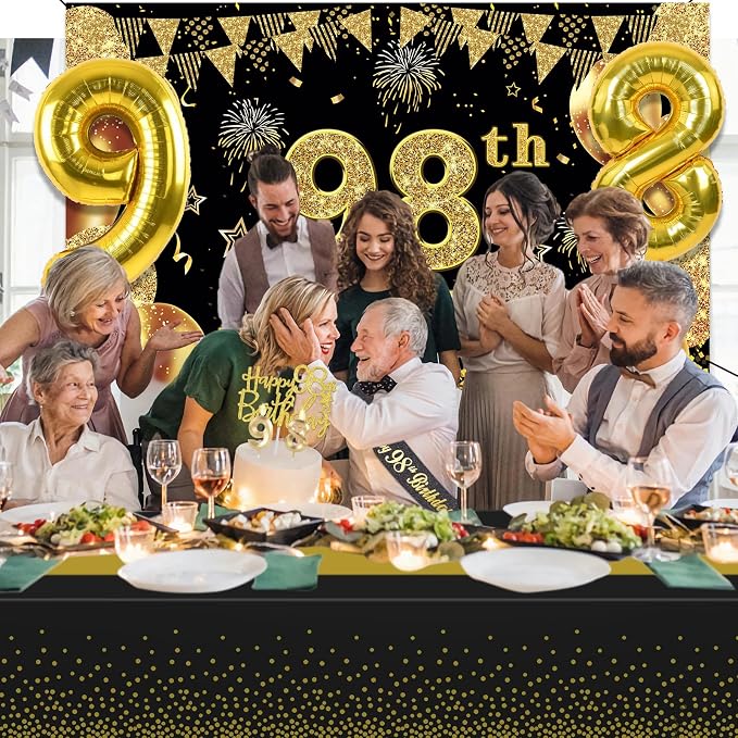 98th Birthday Decorations Men Women with 98th Birthday Banner, Black and Gold Table Cloth, Number Balloons, Large Sash, Cake Topper and Candles