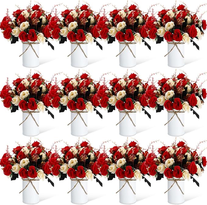 Domensi 12 Sets Wedding Centerpiece for Table Artificial Rose with Vase Fake Bouquets and Metal Pot Flower Arrangements for Bridal Shower Birthday Party Event Table Decor (Red,Champagne)