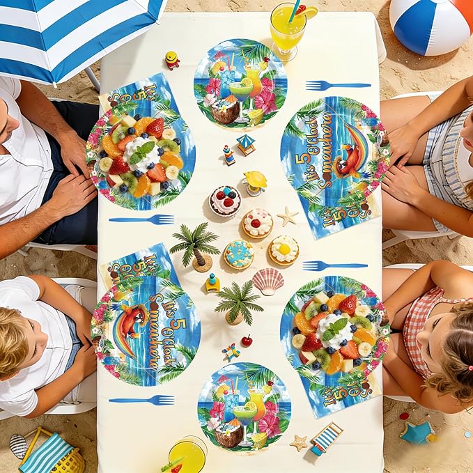 96 Pcs Hawaiian Tropical Luau Party Decorations Summer Parrot Drinks Plates and Napkins It's Five O'Clock Somewhere Tableware Set for Hawaii Summer Beach Holiday Party Supplies, Serves 24
