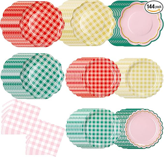 144 Pcs 48 Guests Camp Gingham Party Plates and Napkins Camping Gingham Paper Plates Napkins Checkered Plaid Disposable Tableware for Picnic BBQ Bachelorette Baby Bridal Shower Party Supplies