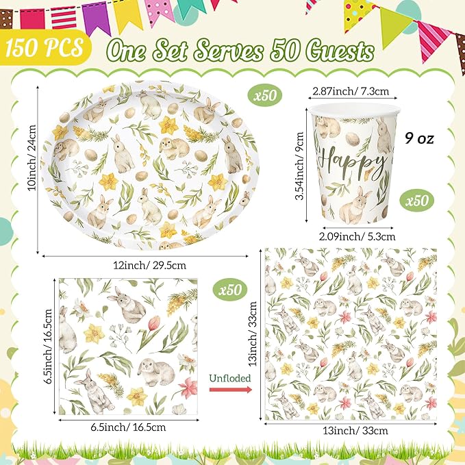 Vesici 150 Pcs Easter Bunny Oval Paper Plates and Napkin Set Bunny Tableware 10'' x 12'' Large Disposable Heavy Duty Rabbit Green Leaves Dessert Plates Cups Napkins for Spring Easter Party Supplies
