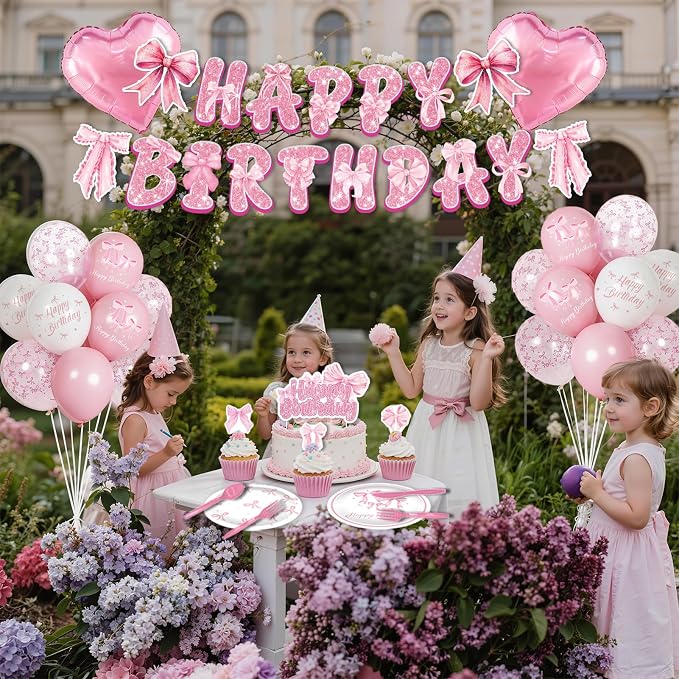266Pcs Pink Bow Party Birthday Decorations - Party Supplies Included Foil Fringe, Banner, Tablecloth, Hanging Swirls, Cupcake Toppers, Tableware, Paper Towel, Latex and Love Heart Balloons (Pink Bow)