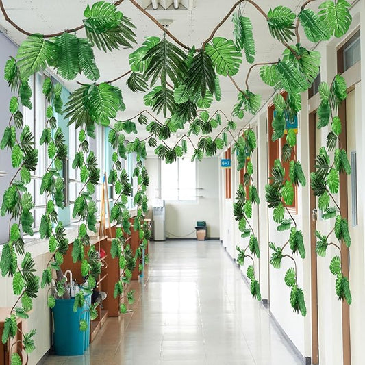 Preboun 102 Pcs 40 ft Jungle Theme Party Decorations Tropical Rainforest Leaves Safari 2026 VBS Artificial Rattan Vines Decoration with 100 Pcs Fake Tropical Palm Leaves for Indoor Outdoor Decor