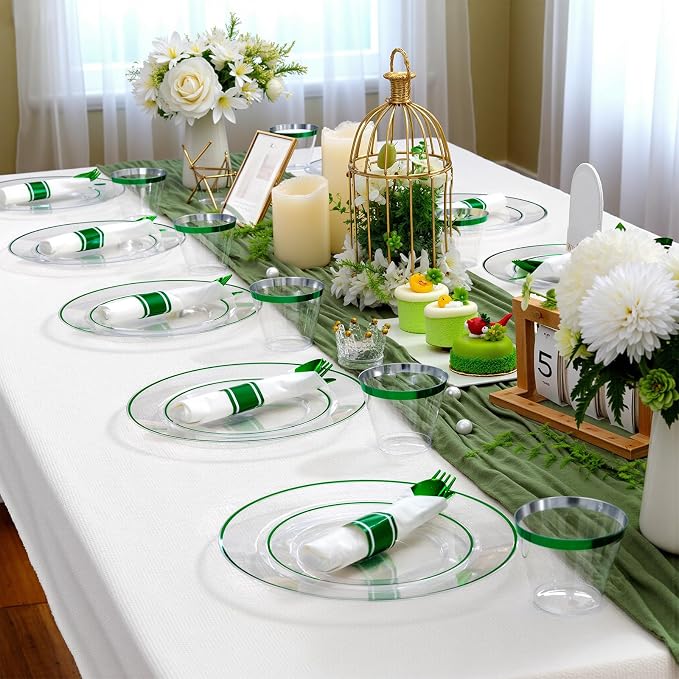 SUT 175 Pcs Green and Clear Plastic Dinnerware Set for 25 Guests, Include: 25 Dinner Plates, 25 Dessert Plates, 25 Pre Rolled Napkins With Silverware, 25 Cups, Disposable Plates for Party